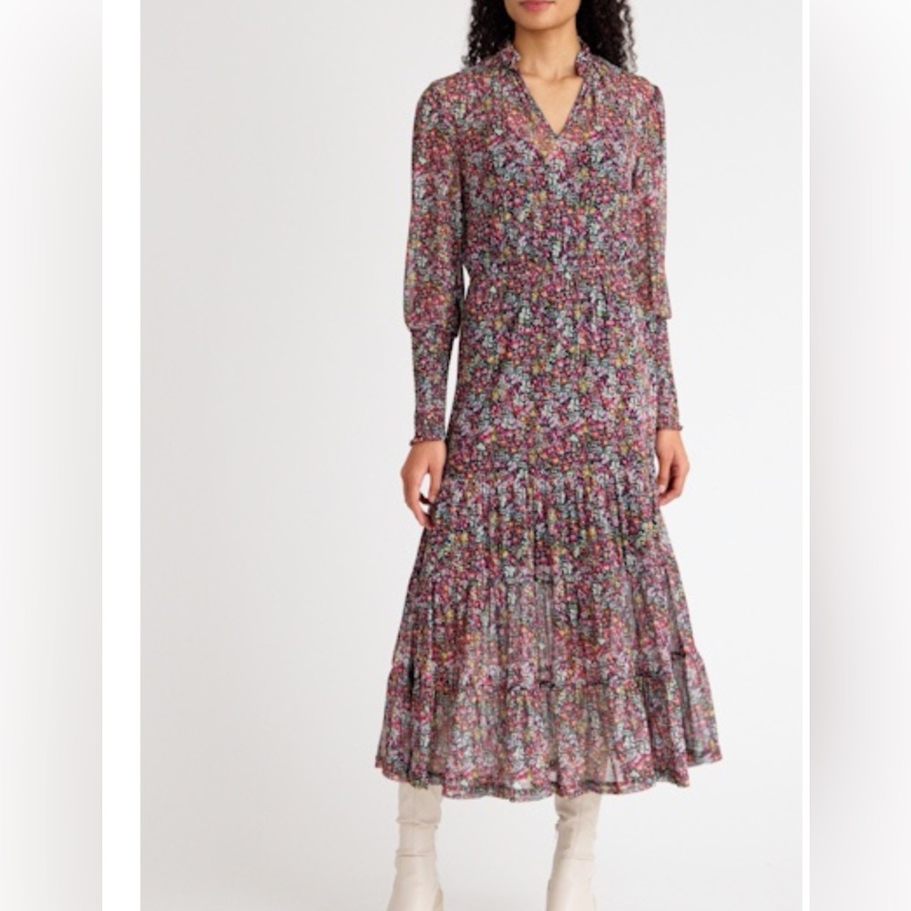 NWT STEVE MADDEN Floral Tiered Long Sleeve Midi Dress Size Small - Picture 3 of 14